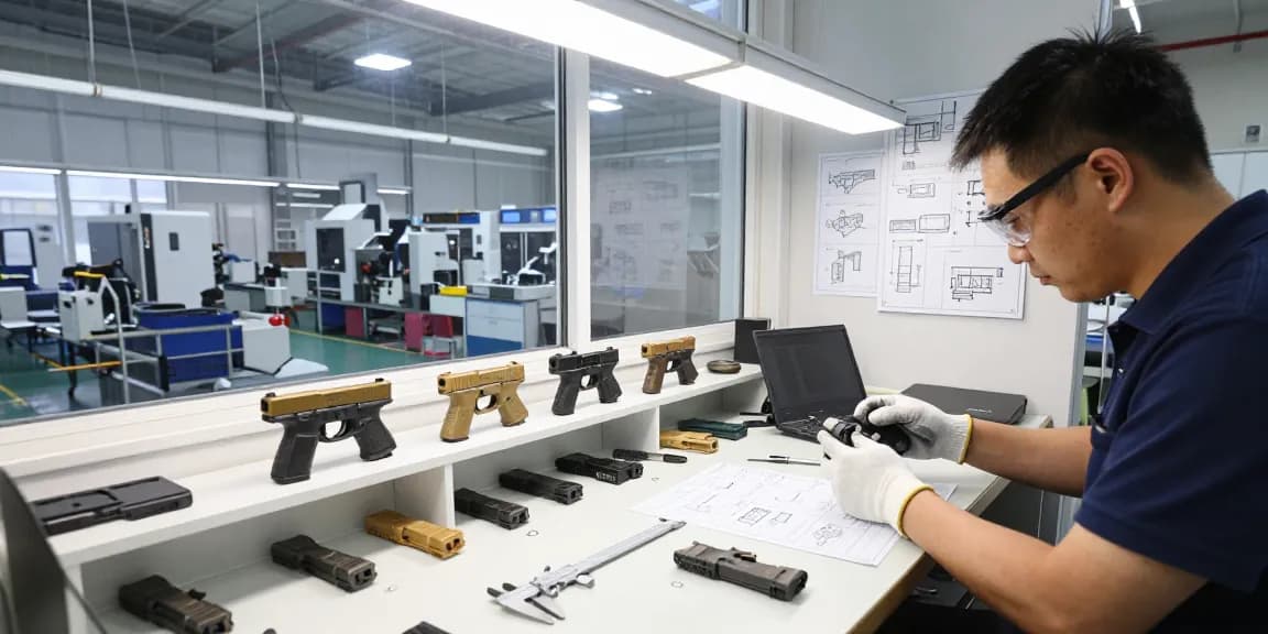 Quality check of Glock slides at https://precisionglockslides.com, showcasing precision tools and a dedicated technician.