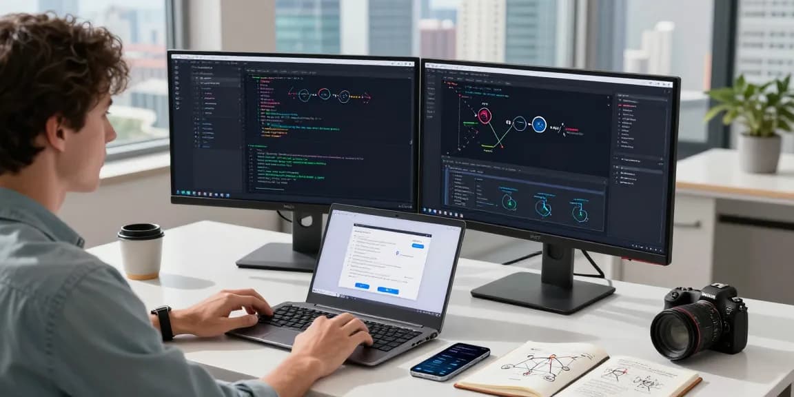 快连 software developer in a modern workspace displaying network optimization metrics and coding interfaces.