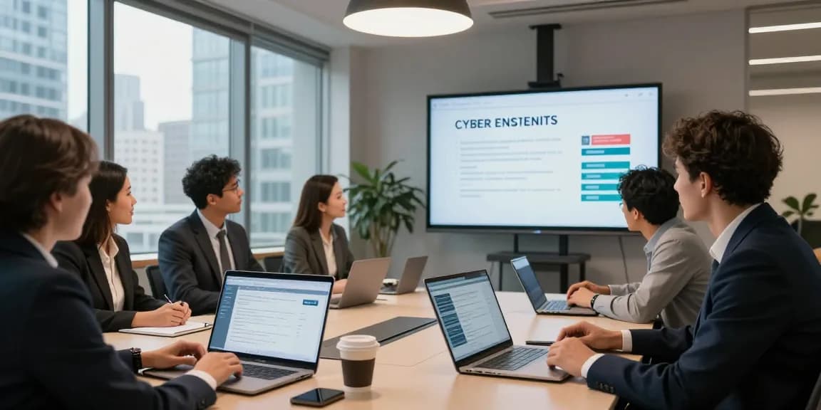 IT professional reviewing cyber essentials requirements during a team meeting in a modern office setting.