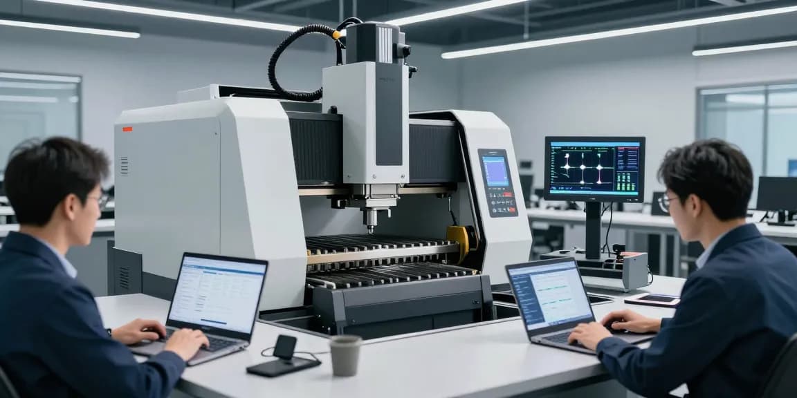 CNC press brake machine in a high-tech engineering workspace showcasing advanced manufacturing technology.