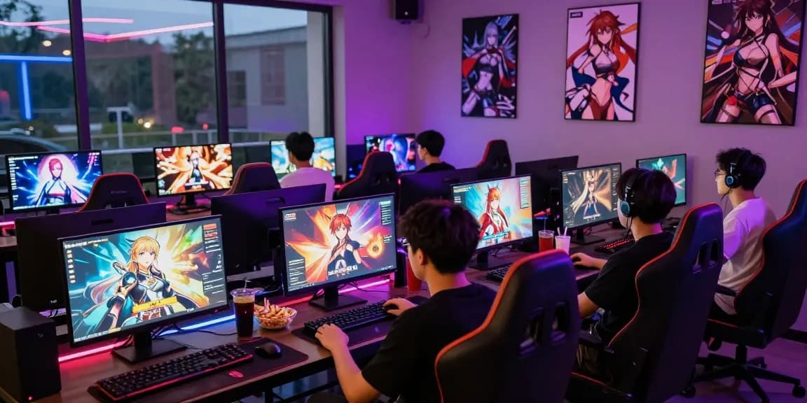 Players enjoying hentai games online in a vibrant gaming lounge with colorful lighting