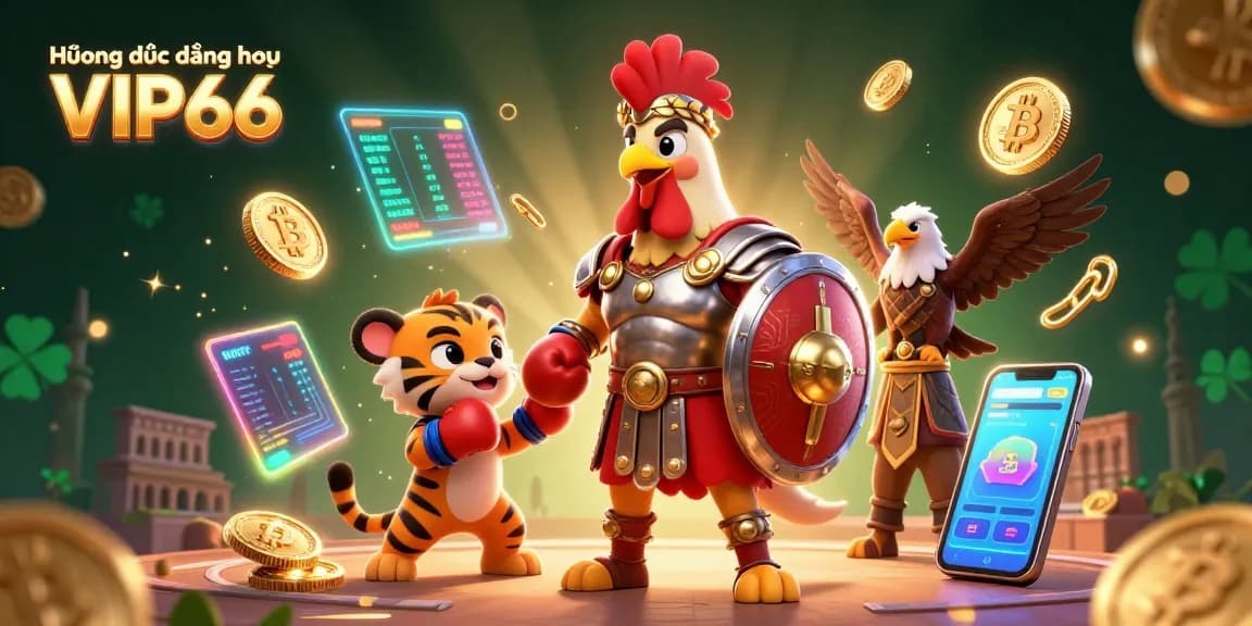 Hướng dẫn đăng nhập VIP66 illustrated with an engaging 3D scene of a gladiator rooster and crypto elements.