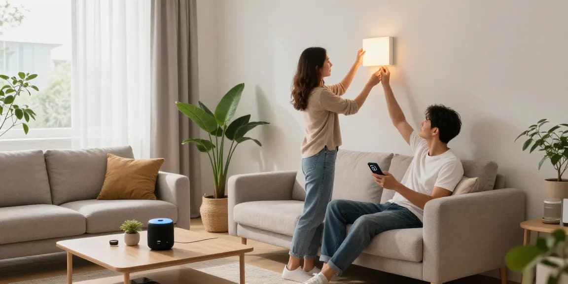 IKEA smart home installation in a modern living room with smart lighting and cozy furniture.