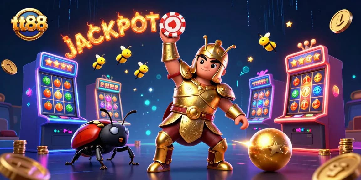 Experience the excitement of tt88 as the Hercules beetle wins with a jackpot while surrounded by colorful slot machines.