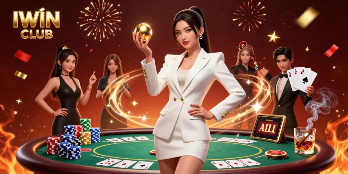 IWIN CLUB showcases a confident woman in a tuxedo holding a roulette ball, surrounded by vibrant casino elements.