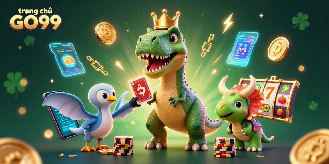 Experience the excitement of trang chủ GO99, featuring a T-Rex and friends enjoying casino fun with vibrant elements.