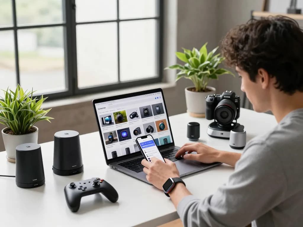 Exploring trending tech gadgets featuring Bluetooth devices on a modern desk setup.