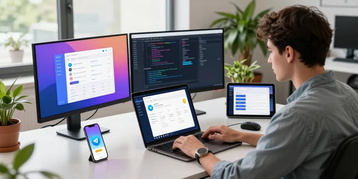 Optimize your Telegram Download experience in a modern tech workspace with devices and coding elements.