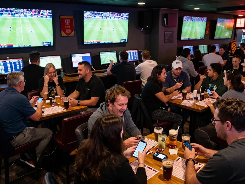 Kèo Nhà Cái 5 enthusiasts engaged in lively sports betting at a bustling bar, highlighting the excitement of live wagering.