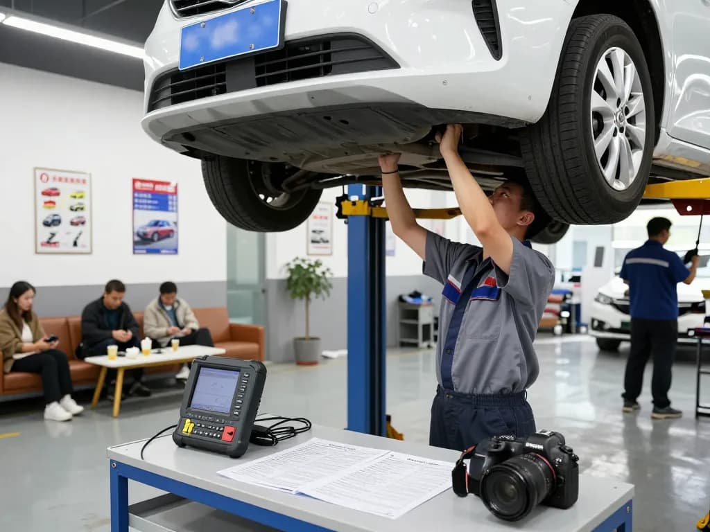 Uber inspection near me at an automotive service center with a mechanic inspecting a vehicle.