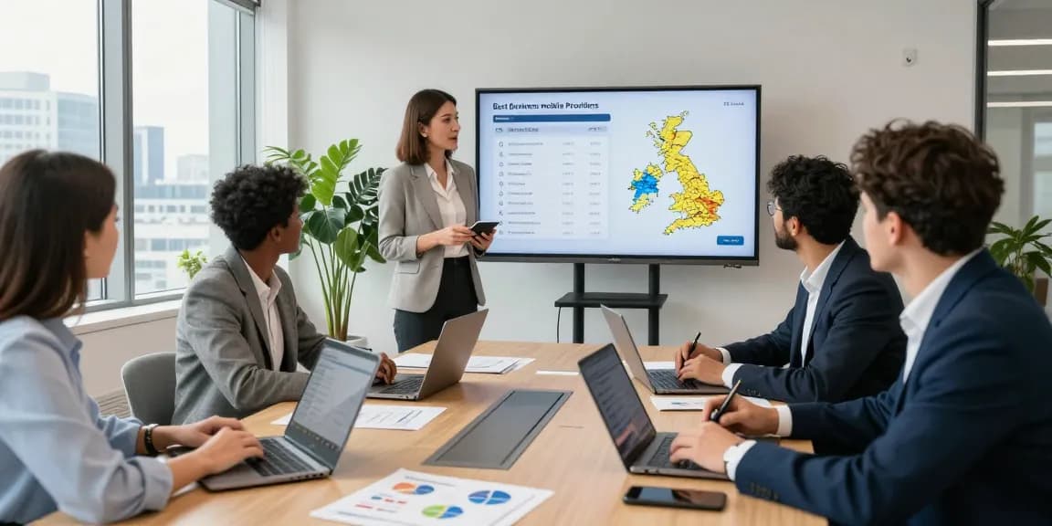 Team collaboration in a modern office discussing the best business mobile providers UK.