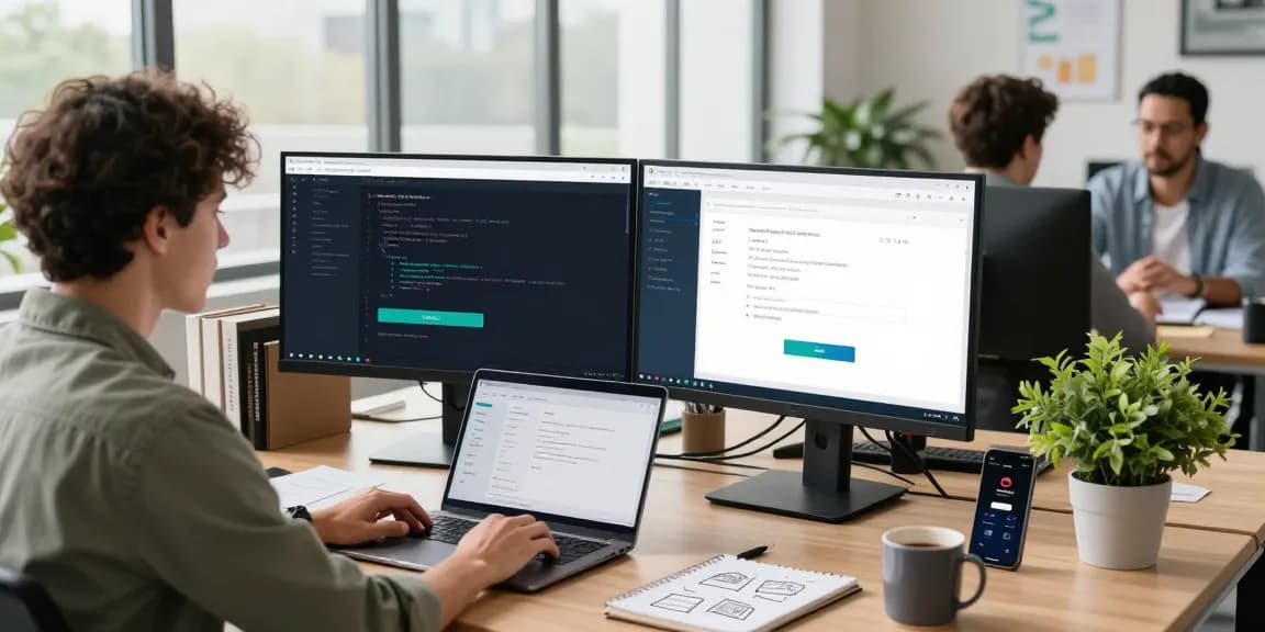 Age verification system in a modern tech office, featuring developers working with dual monitors and API integrations.