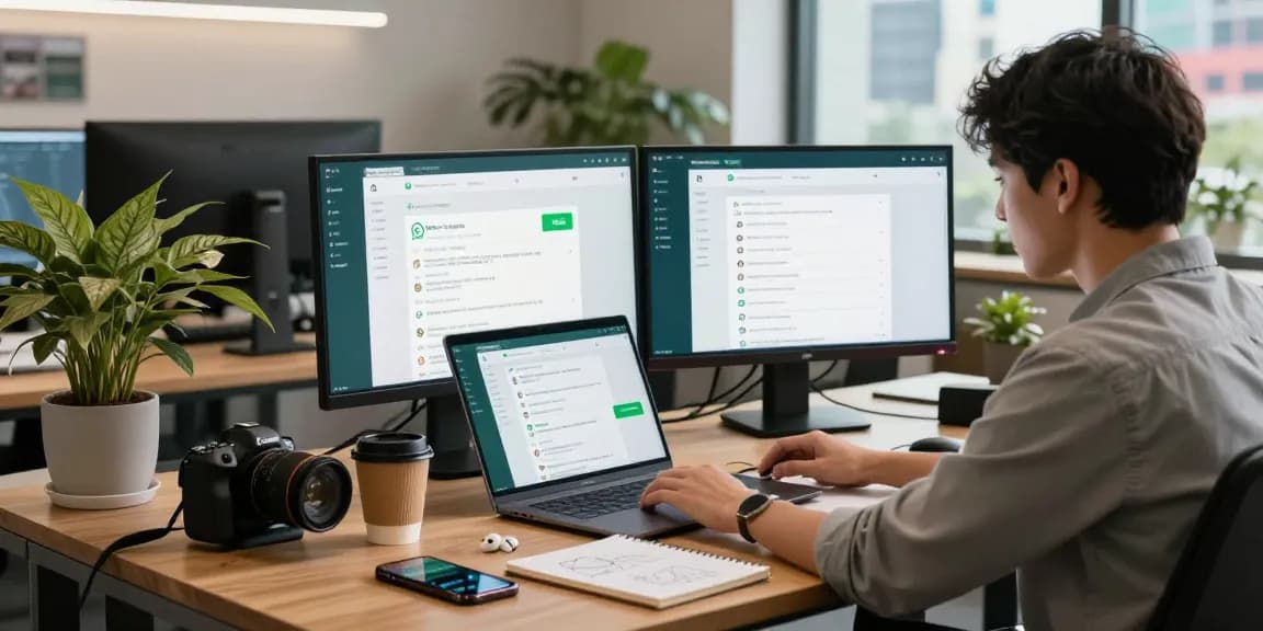 Person using WhatsApp網頁版 on a laptop in a modern workspace with multiple screens and natural lighting.