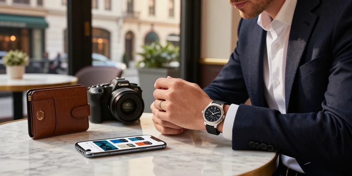 Elegant individual showcasing replica watches in a refined cafe, highlighting luxury lifestyle elements.