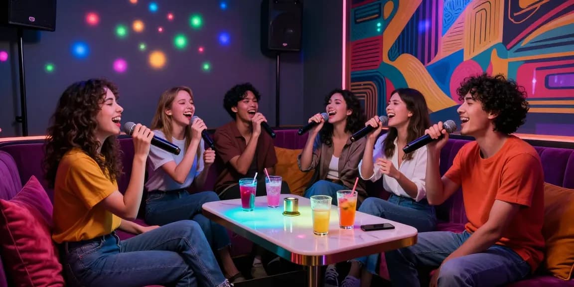 강남가라오케 friends enjoying karaoke with vibrant lights and drinks