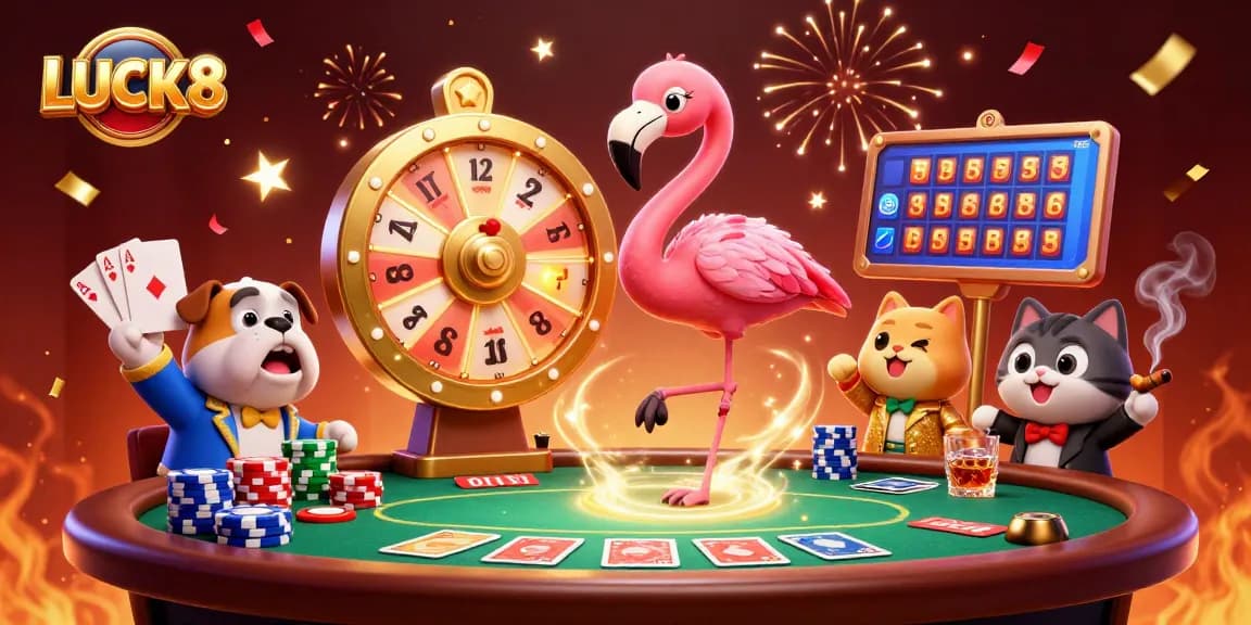 Spin the giant prize wheel at LUCK8 Casino, surrounded by excited characters and vibrant gaming elements.
