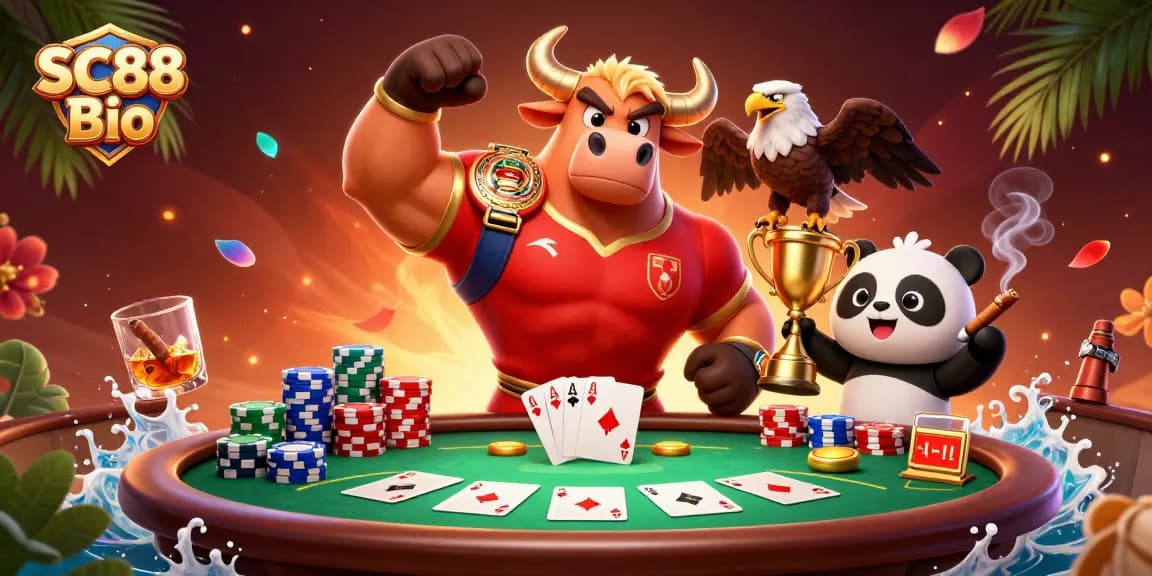 Experience SC88 Bio with a victorious bull and eagle at a lively poker table in this engaging digital illustration.