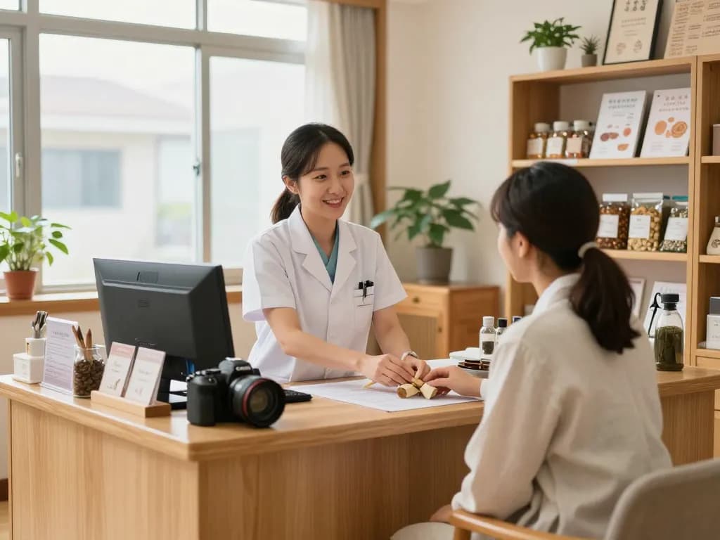 Friendly staff at 수원한의원 clinic assisting a patient, promoting holistic health.