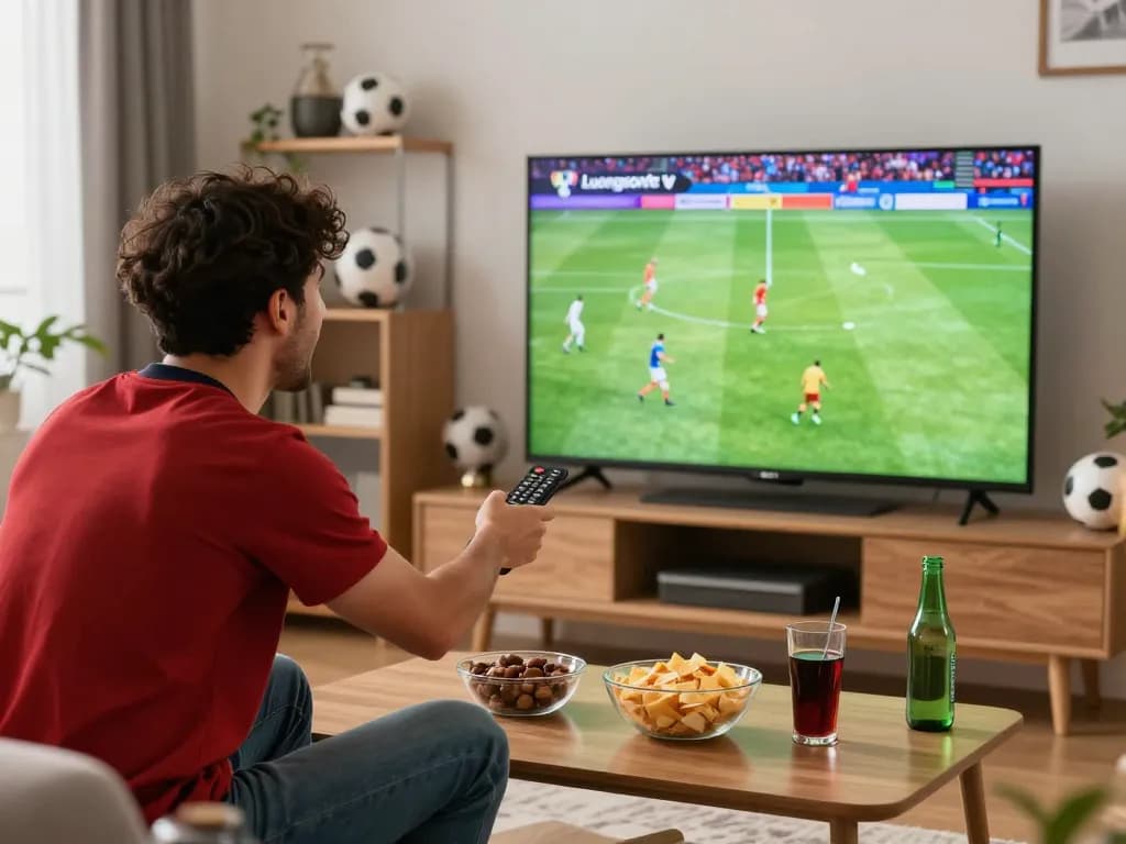 Người hâm mộ bóng đá thưởng thức một trận đấu trực tiếp trên Luongsontv với đồ ăn vặt và kỷ vật.
