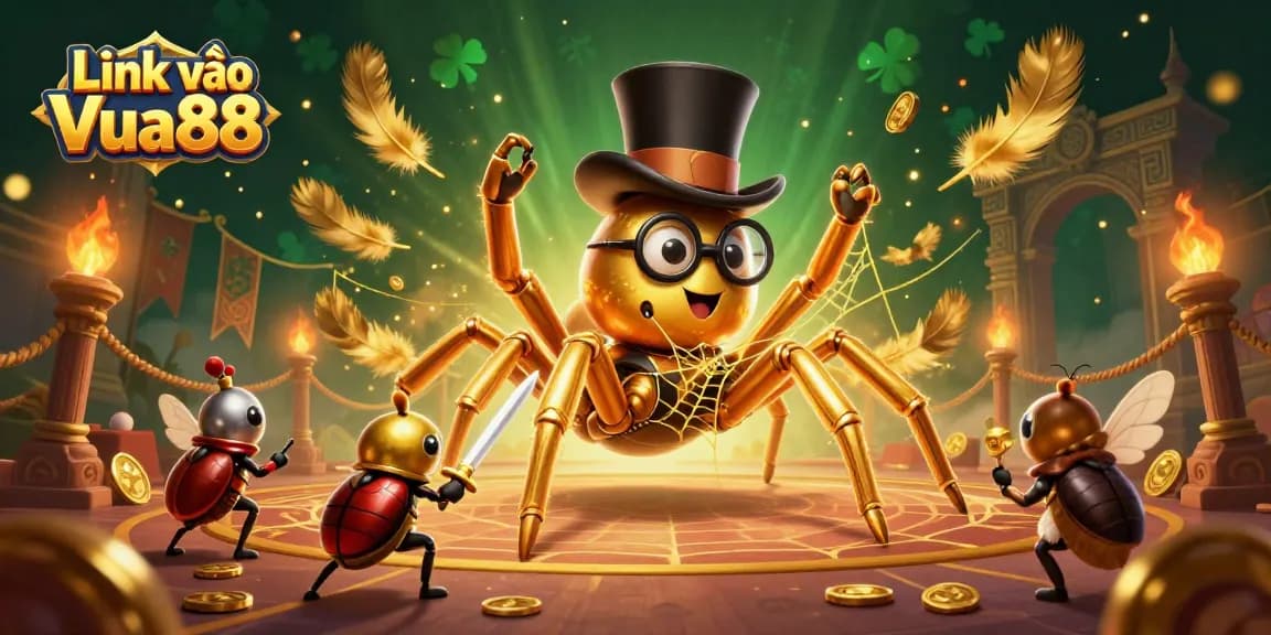 Engage with Link vào Vua88 through this vibrant casino illustration featuring a bold golden tarantula and beetle knight.