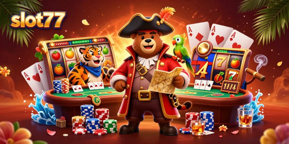 Experience thrilling gameplay with slot77 in this vibrant casino illustration featuring slot reels and pirate fun!