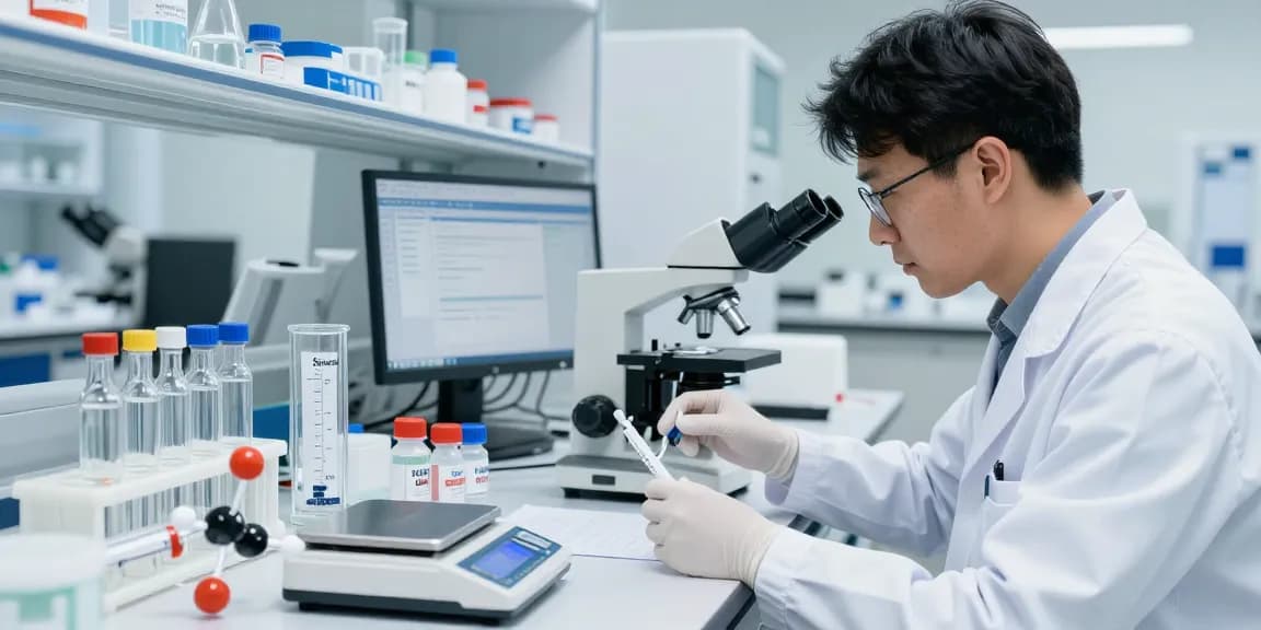 Researcher analyzing SwissChems Peptides in a modern lab setting, showcasing precision and scientific inquiry.