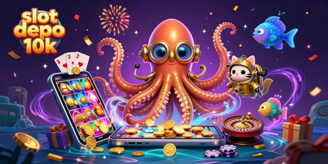 Menangkan slot depo 10k dengan kraken dan kucing penyelam dalam ilustrasi memikat.