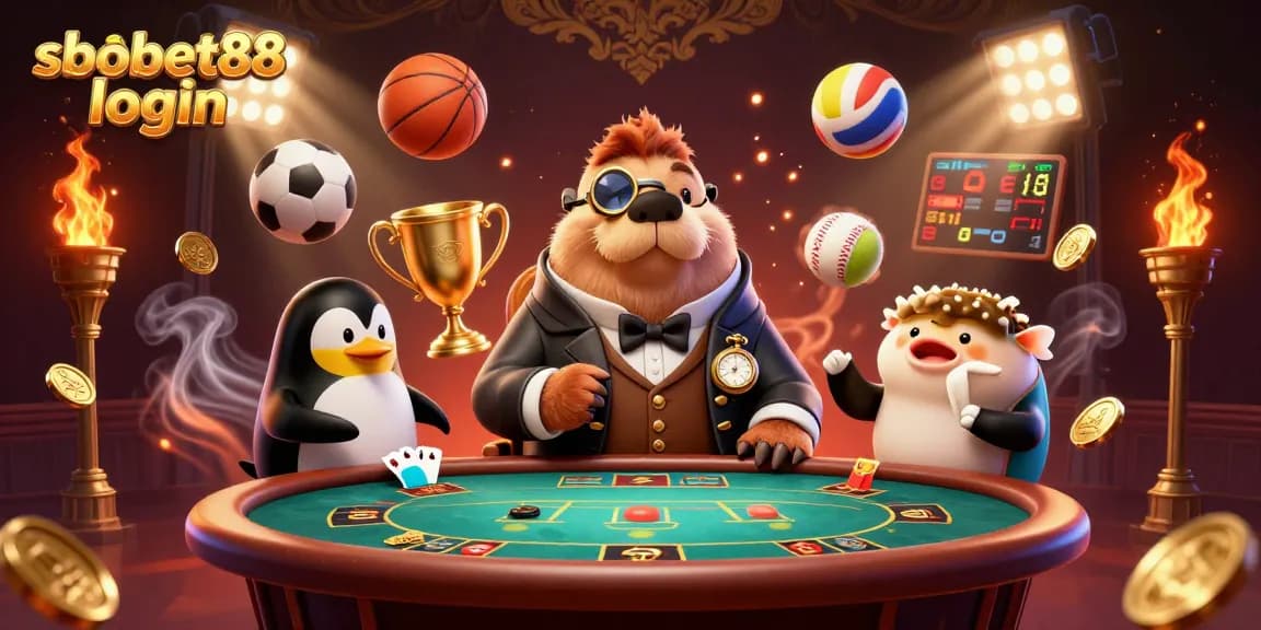 Engage with sbobet88 login in a vibrant underwater casino scene featuring characters at a poker table.