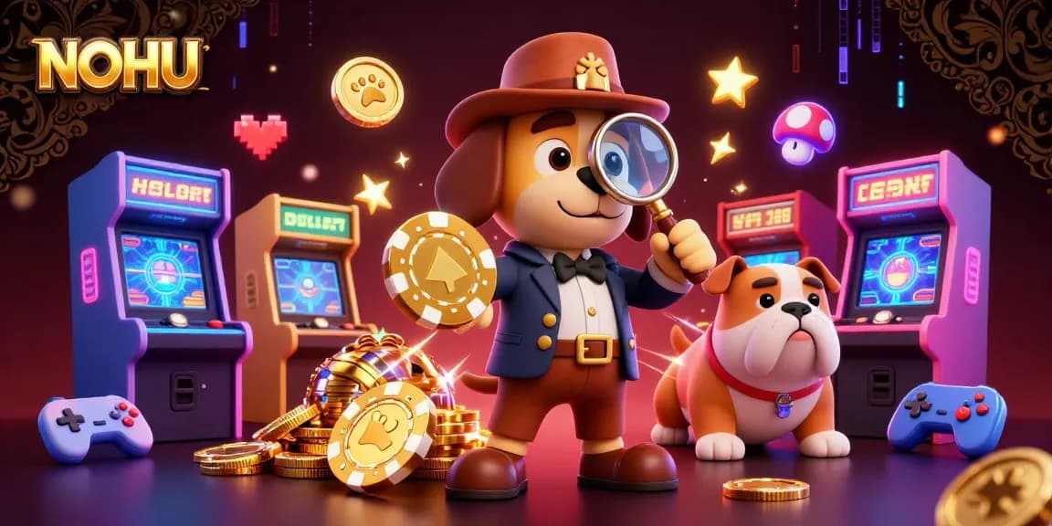 NOHU: Engage in a thrilling jackpot search with 3D characters amidst vibrant casino elements.