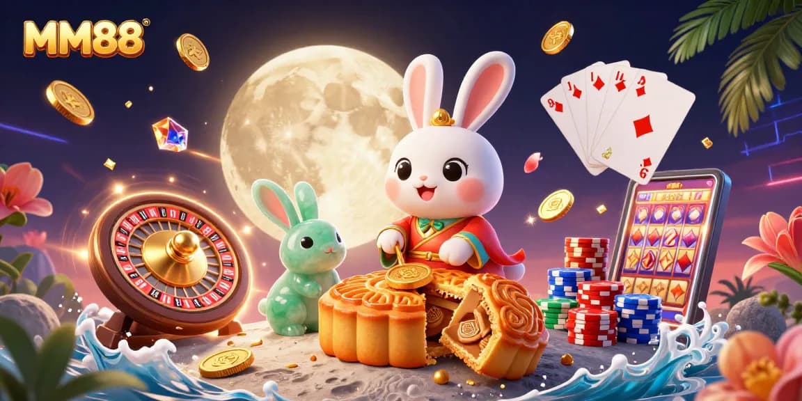Experience MM88's vibrant casino world with a moon rabbit and poker chips amidst dazzling elements.