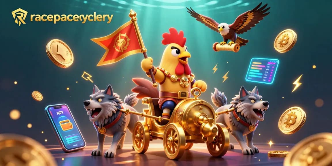 Racepacecyclery showcases a thrilling gaming scene with a rooster warlord and crypto elements in action.