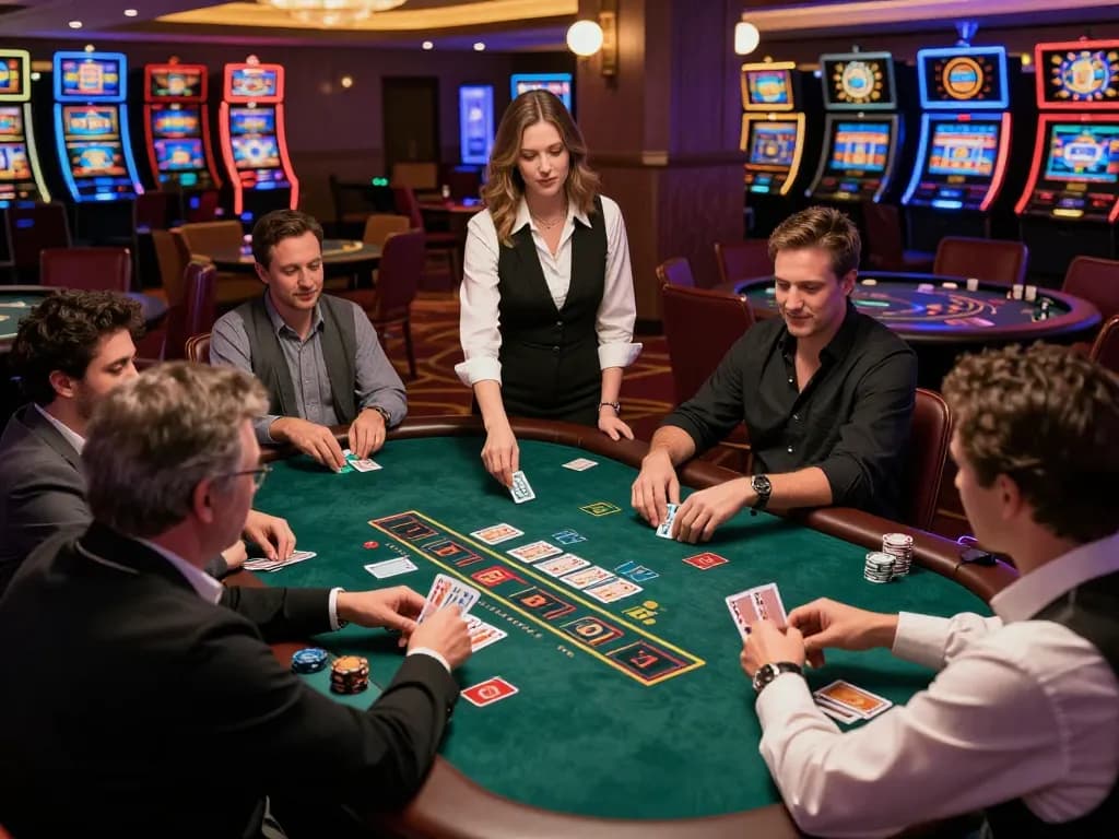 Players strategizing at a blackjack table in 98win casino, showcasing dynamic gameplay and excitement