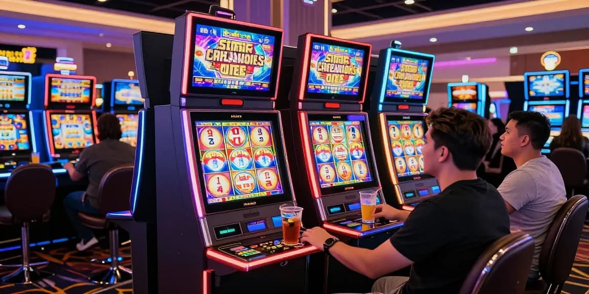 Pengunjung bermain mesin slot gacor gampang menang di kasino modern, suasana penuh kegembiraan dan harapan.