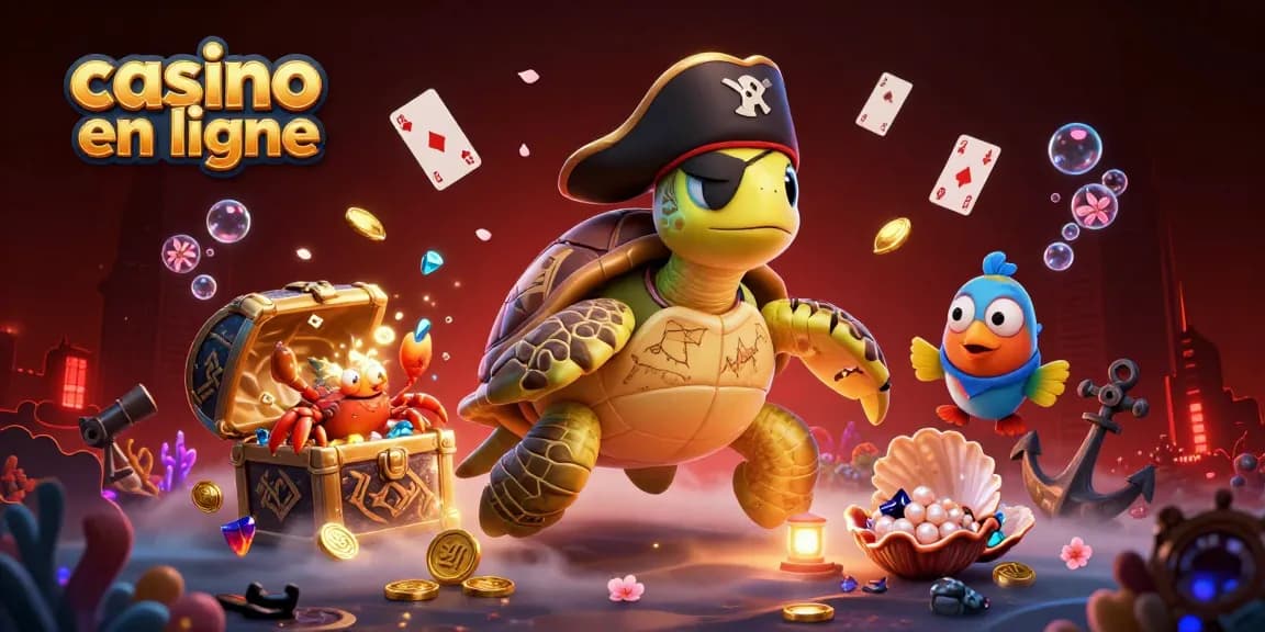 Jouez à casino en ligne avec cette illustration colorée d'une tortue pirate et ses amis.