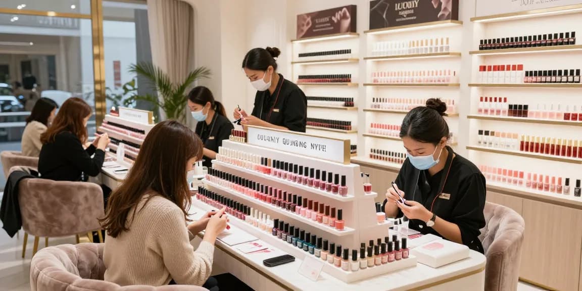 Menampilkan toko perlengkapan kuku mewah LUXURY 12 dengan produk berkualitas premium dan suasana santai.