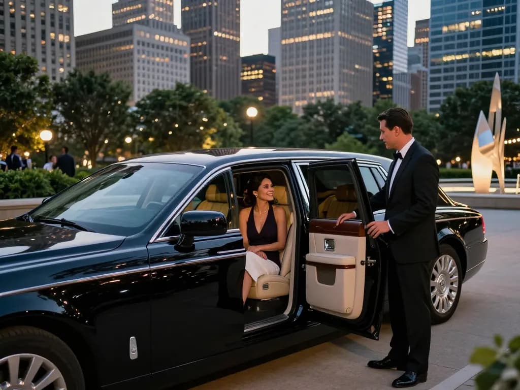 Chicago limousine service provides a luxurious experience for couples arriving at an elegant venue in Chicago.