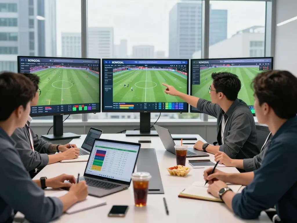 Analysts using NOWGOAL for real-time football scores in a modern workspace.