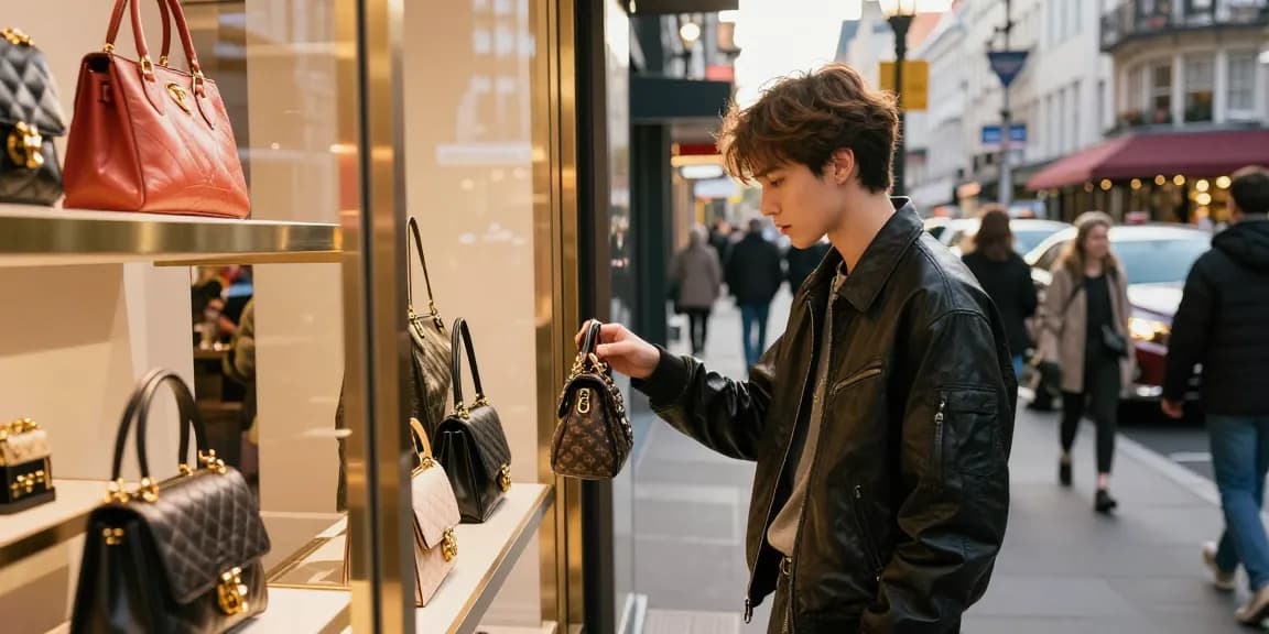 Young shopper exploring high-end 레플리카 사이트 with stylish luxury bags in urban setting.