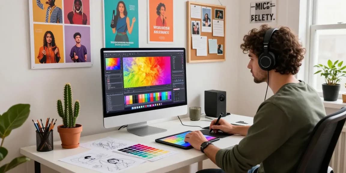 Image To Image transformations illustrated in a vibrant digital art studio with a graphic designer at work.