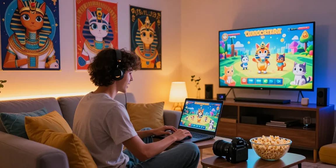 Excited player enjoying Cleocatra jogar online in a cozy home lounge, with colorful Egyptian-themed décor.