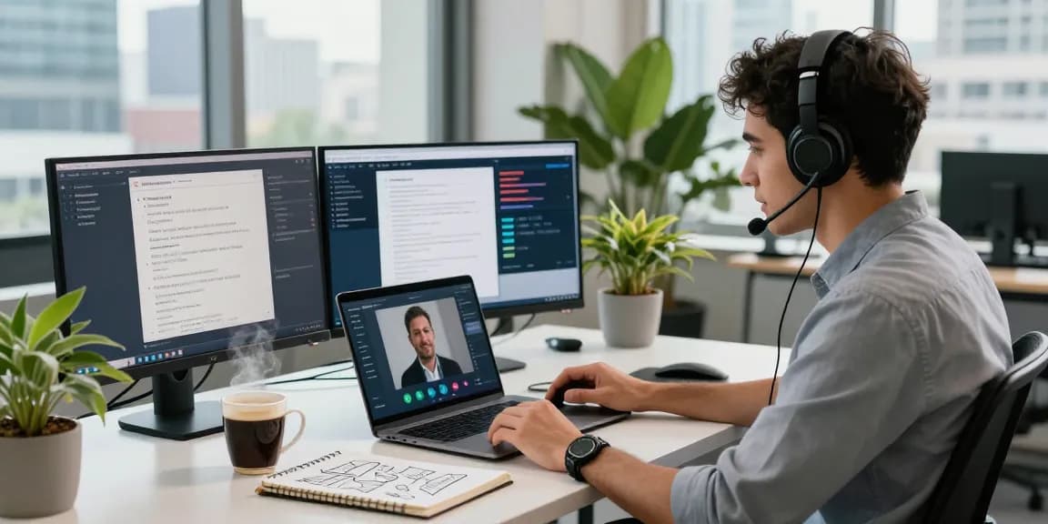 Engaging professional video call on telegraimin.com in a vibrant tech workspace.