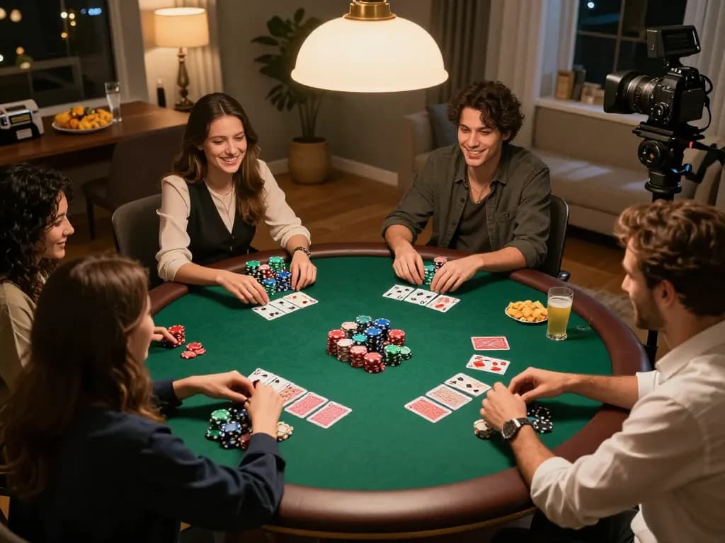 Social gathering at home with friends enjoying kèo nhà cái poker night, lively atmosphere, and strategic gameplay.
