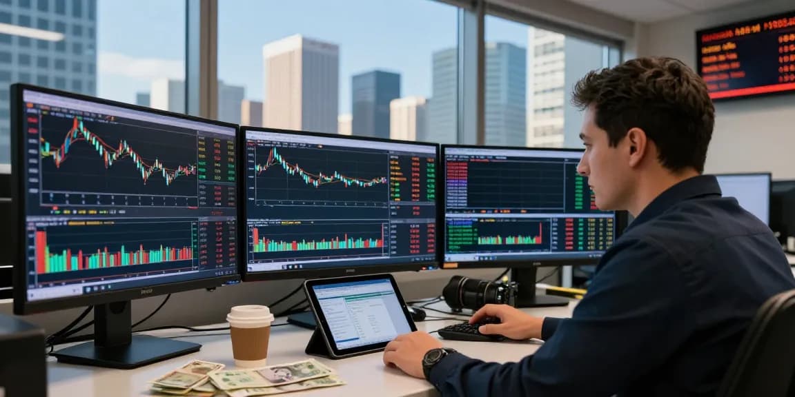 Trader analyzing forex market live prices on multiple screens in a modern financial district.