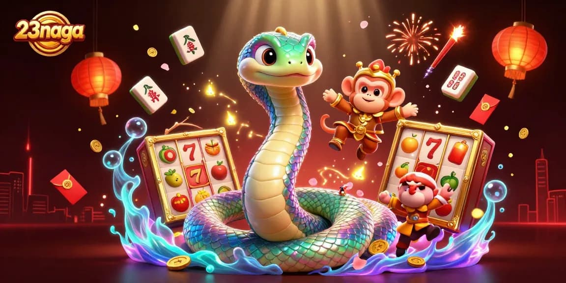 Gali pengalaman bermain 23naga dengan ilustrasi kasino digital yang ceria dan penuh warna.