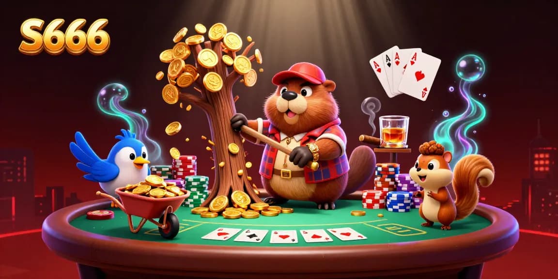 S666 animates excitement in a 3D beaver's casino adventure, showcasing poker elements and vibrant gold.