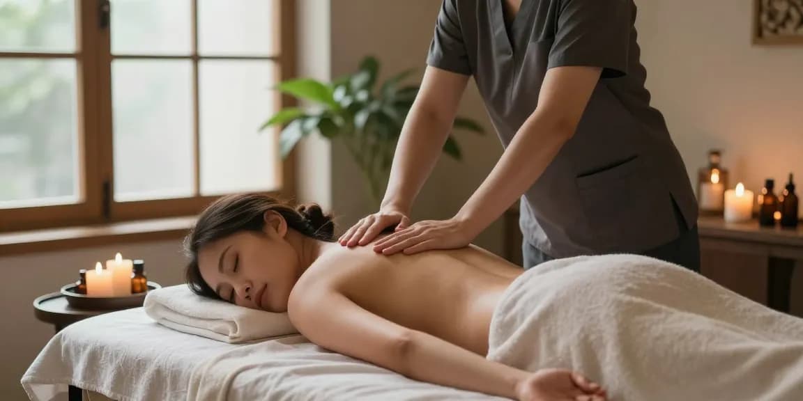 Relaxation scene of 사당출장마사지 professional offering a soothing massage in a tranquil spa setting.