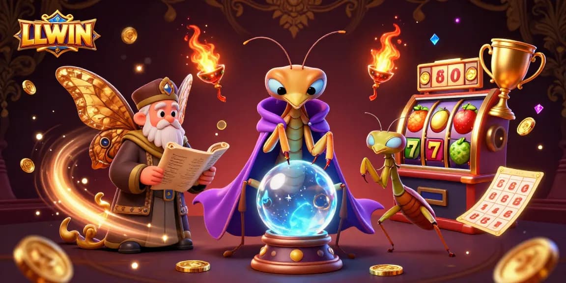 LLWIN captures the excitement of slot games with a colorful 3D scene featuring slot machines and mystical characters.
