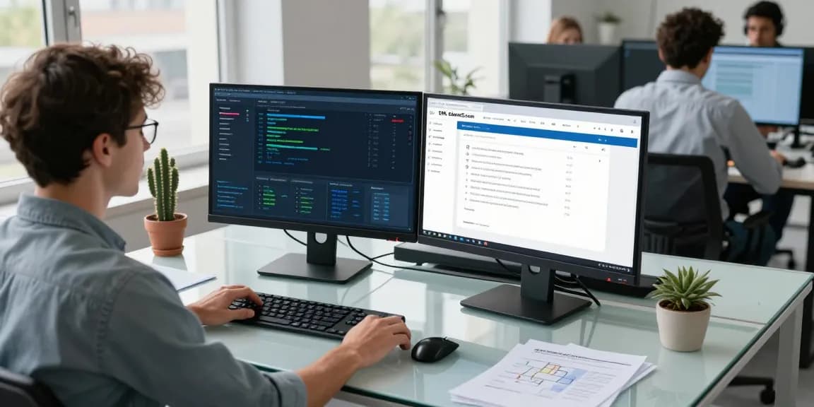 Cybersecurity expert analyzing risks on shs-dome5.com with dual monitors in a modern office.