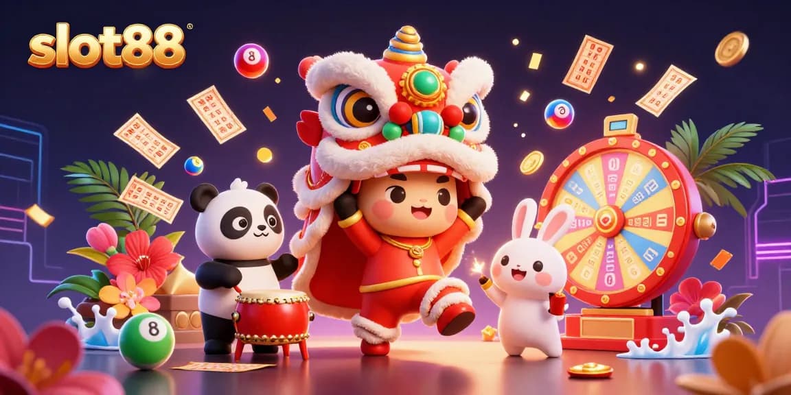 Experience the excitement of slot88 gaming with cute characters in a lively casino setting.