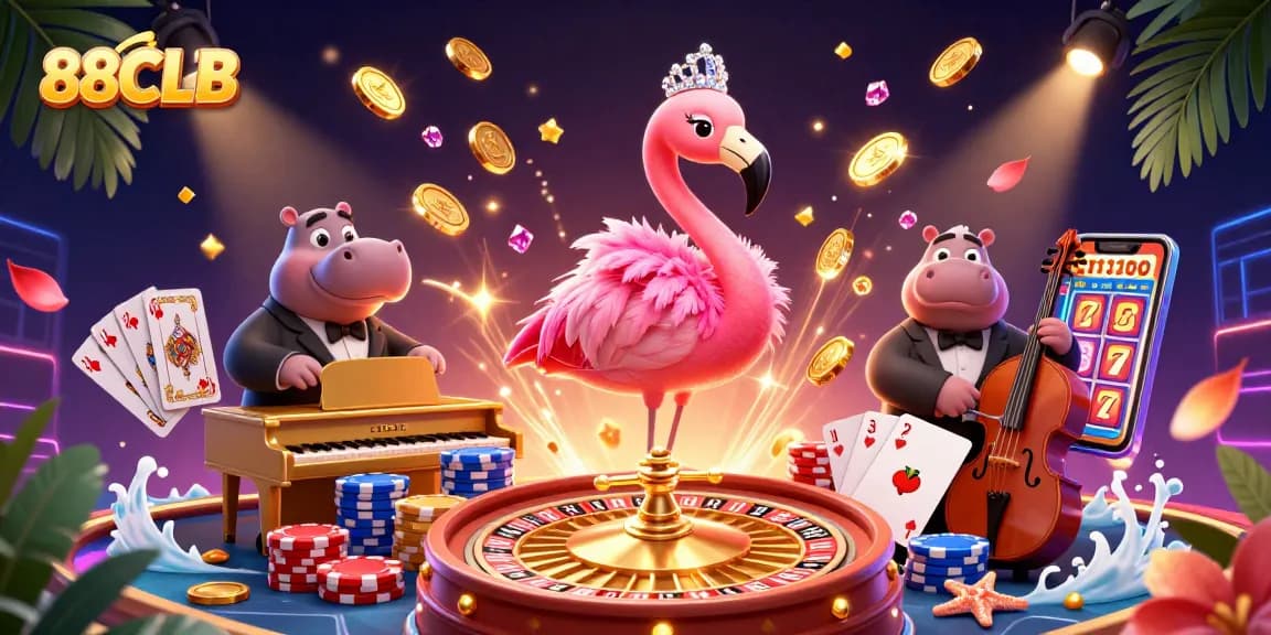 Engage with thrilling casino action at 88CLB, featuring a vibrant scene of a flamingo singer and hippo bassist.